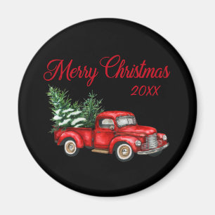 god jul Träd-året Vintage Red Lastbil Black Magnet