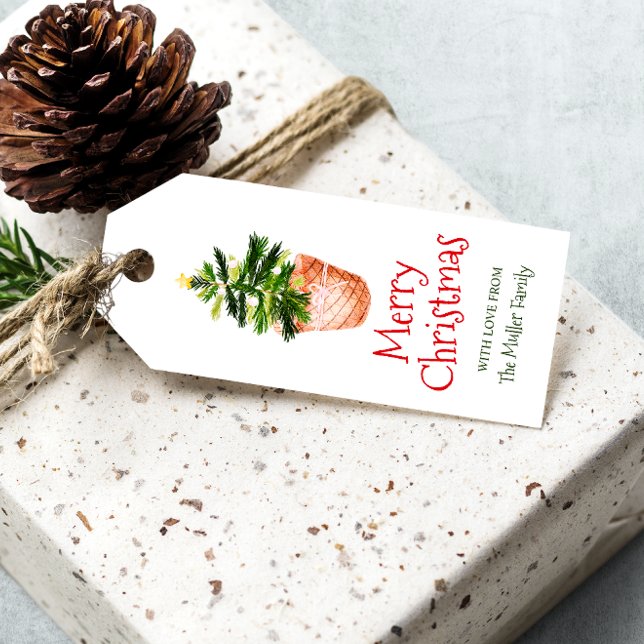 God jul träd basket grönt, vattenfärg presentetikett (Merry Christmas tree basket green watercolor Gift Tags)