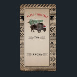 God jul Träd Buffalo Burlap från Gift Fraktsedel<br><div class="desc">Illustration av en buffelbison som bär tomathatt med Julgran bunden på ryggen. Burlap inspirerade den geometriska designen mönster gräns med svart och röd text.</div>