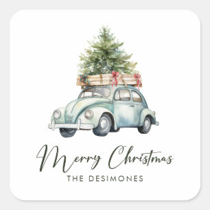 God jul Träd Classic Car Helgdag Fyrkantigt Klistermärke