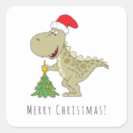God jul Träd Cute Dinosaur Santa Hat Fyrkantigt Klistermärke