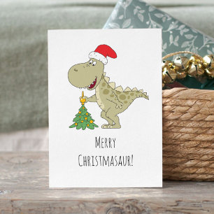 God jul Träd Cute Dinosaur Santa Hat Helg Vykort