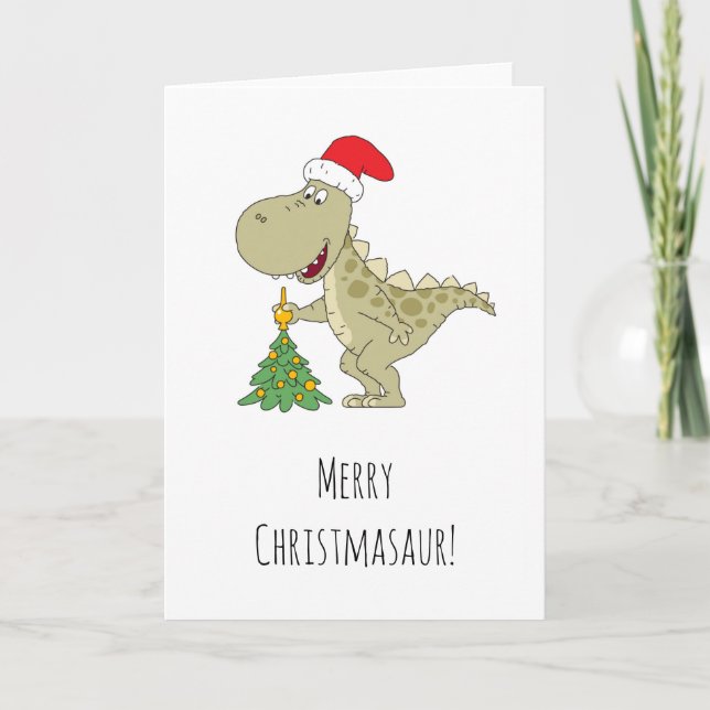 God jul Träd Cute Dinosaur Santa Hat Helgkort (Framsida)