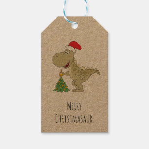 God jul Träd Cute Dinosaur Santa Hat Presentetikett