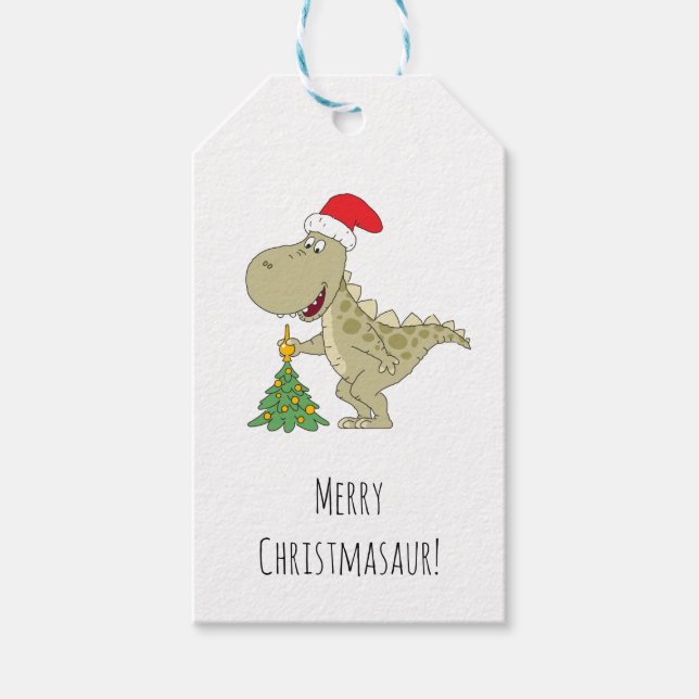 God jul Träd Cute Dinosaur Santa Hat Presentetikett (Framsidan)