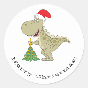 God jul Träd Cute Dinosaur Santa Hat Runt Klistermärke