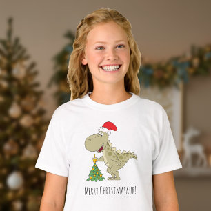 God jul Träd Cute Dinosaur Santa Hat T Shirt
