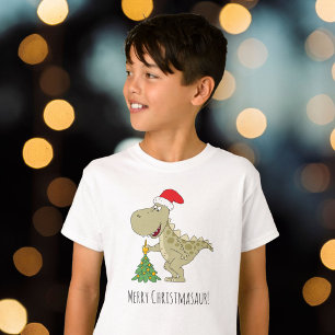 God jul Träd Cute Dinosaur Santa Hat T Shirt
