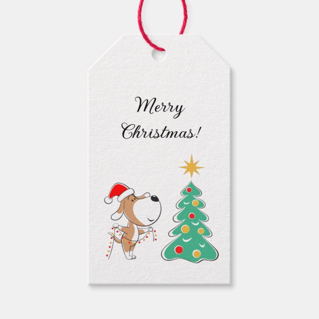 God jul Träd Cute Puppy Hund Santa Hat Presentetikett (Framsidan)