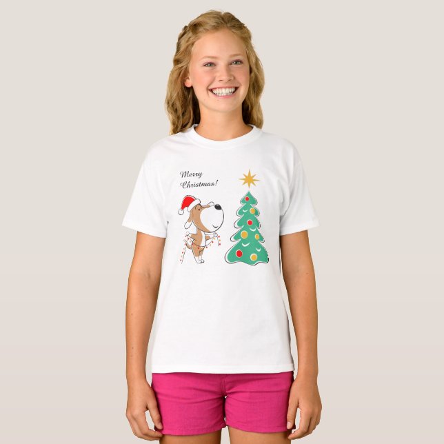 God jul Träd Cute Puppy Hund Santa Hat T Shirt (Hel framsida)