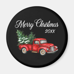 god jul Träd Datum Vintage Red Lastbil Black Magnet