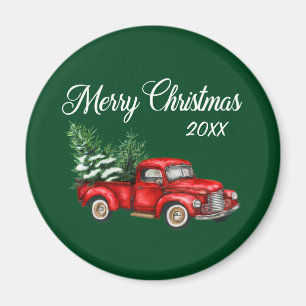 god jul Träd Datum Vintage Red Lastbil Grönt Magnet