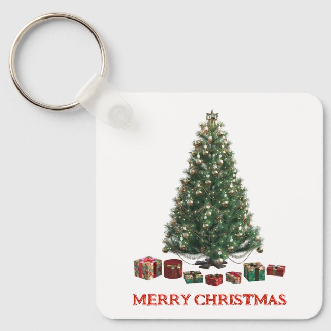 God jul. Träd (design 1) med presenter Nyckelring (Framsida)