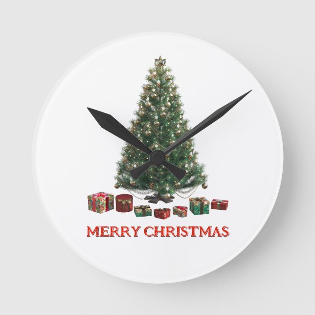 God jul. Träd (design 1) med presenter Rund Klocka (Framsida)