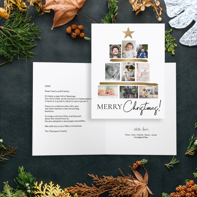 God jul Träd Guld stjärnornas fotopassage Helgkort (Merry Christmas family photo Tree with gold star. Year in review letter and personal message.)