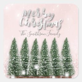 God jul Träd Ljus Rosa Glitter Namn Fyrkantigt Klistermärke