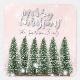 God jul Träd Ljus Rosa Glitter Namn Fyrkantigt Klistermärke