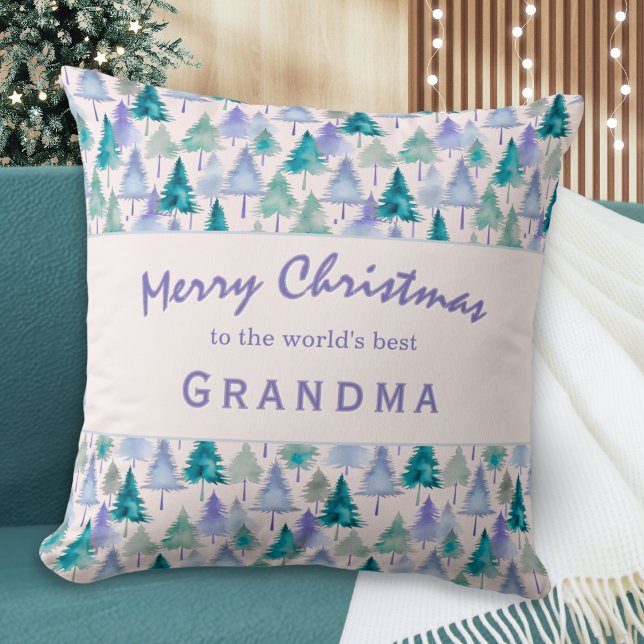 God jul Träd Mönster Grandma Helgdag Kudde (A festive pillow with Christmas trees pattern in lilac and green, for the 'World's Best Grandma')