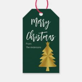 God jul Träd Mörk grönt och Guld Namn Presentetikett