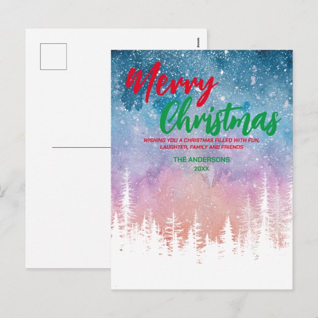 God jul träd Nattskog för röd grönt Helg Vykort (Fram/baksida)