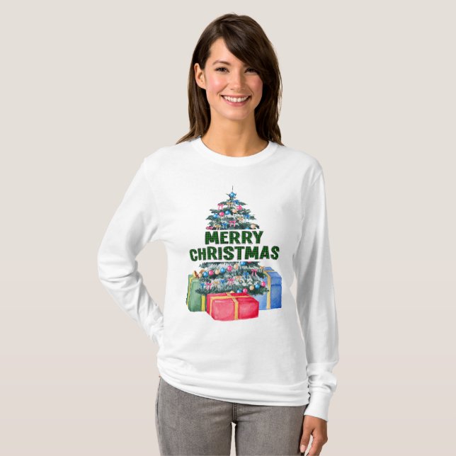 God jul Träd och gåvor T-Shirt (Hel framsida)