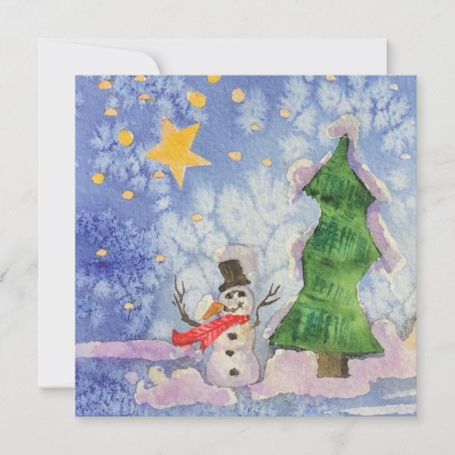 God jul Träd och Snögubbe, frostig vattenfärg Kort (Framsida)
