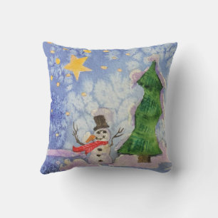 God jul Träd och Snögubbe, frostig vattenfärg Kudde