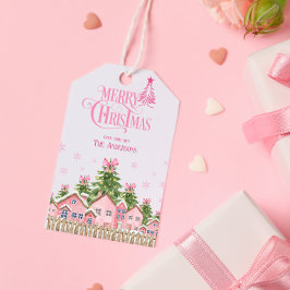 God jul Träd Rosa Bow Helgdag Gift Märkre Presentetikett