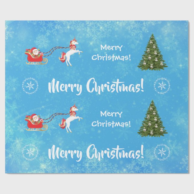 God jul Träd Santa Cute Girly Unicorn Blue Presentpapper (Platt)