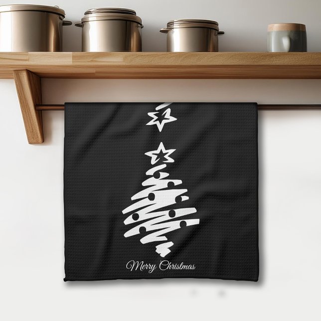God jul Träd Silhouette Black Helgdag Kökshandduk (Merry Christmas Tree Silhouette Black Holiday Kitchen Towel)
