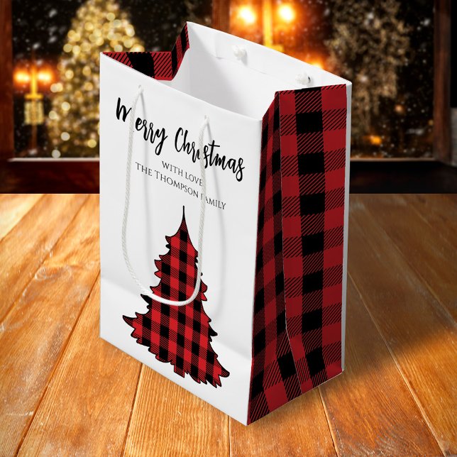 God jul Träd Simple Buffalo Check Mönster (Merry Christmas holiday red and black buffalo check pattern gift bag,)