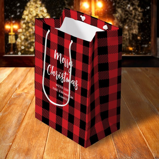 God jul Träd Simple Buffalo Check Mönster (Merry Christmas white calligraphy buffalo check pattern gift bag)