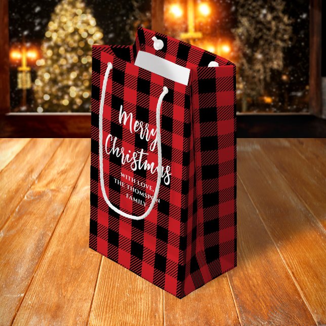 God jul Träd Simple Buffalo Check Mönster (Merry Christmas Calligraphy Buffalo Check pattern gift bag)
