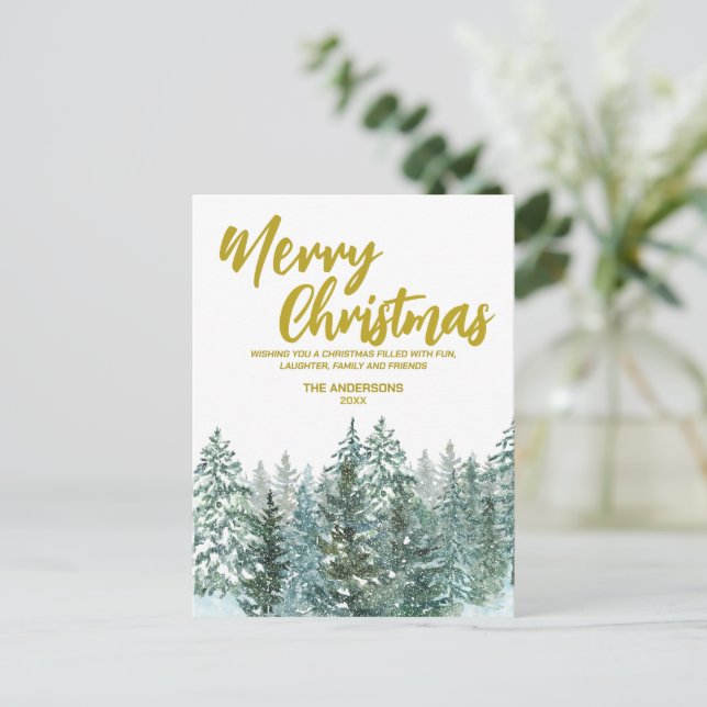 God jul träd-skogskript Helgdag Modern Guld Helg Vykort (Stående Fram)