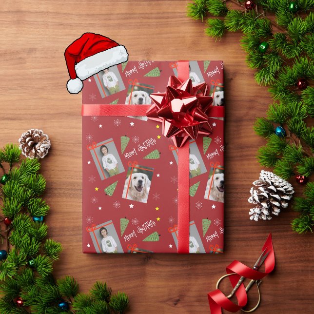 God jul Träd Snöflingor med foton på Red Presentpapper (Skapare uppladdad)