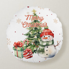 God jul Träd Snögubbe och Presenter Rund Kudde