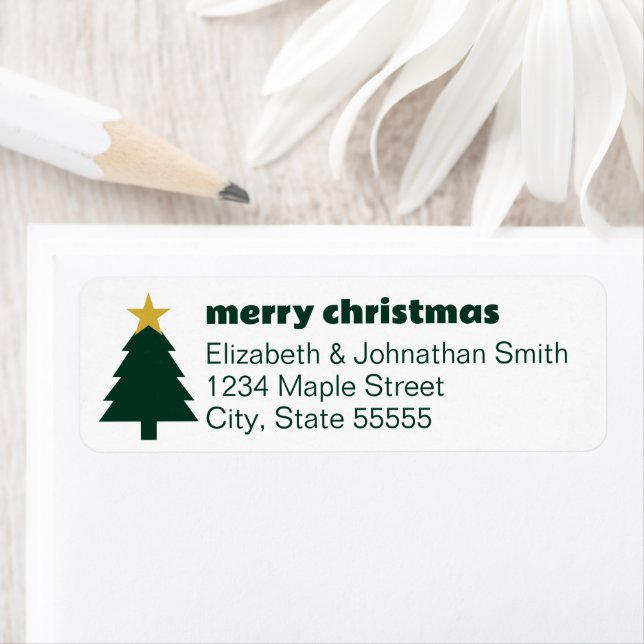 God jul Träd & Star Mörk grönt och vit Returadress Etikett (Insitu)