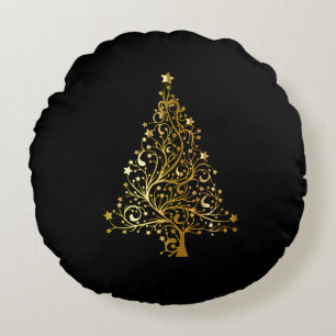 god jul Träd Stars Black Guld Shiny Chic Rund Kudde