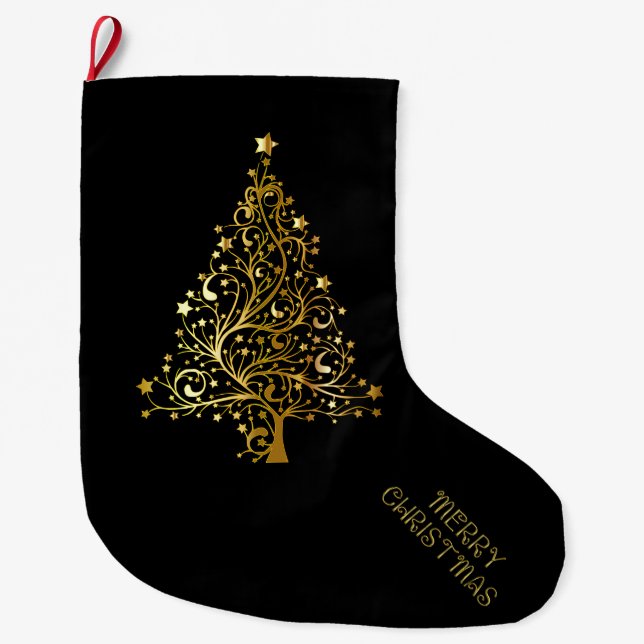 God jul Träd Stars Black Guld Shiny Chic Stor Julstrumpa (Framsidan)