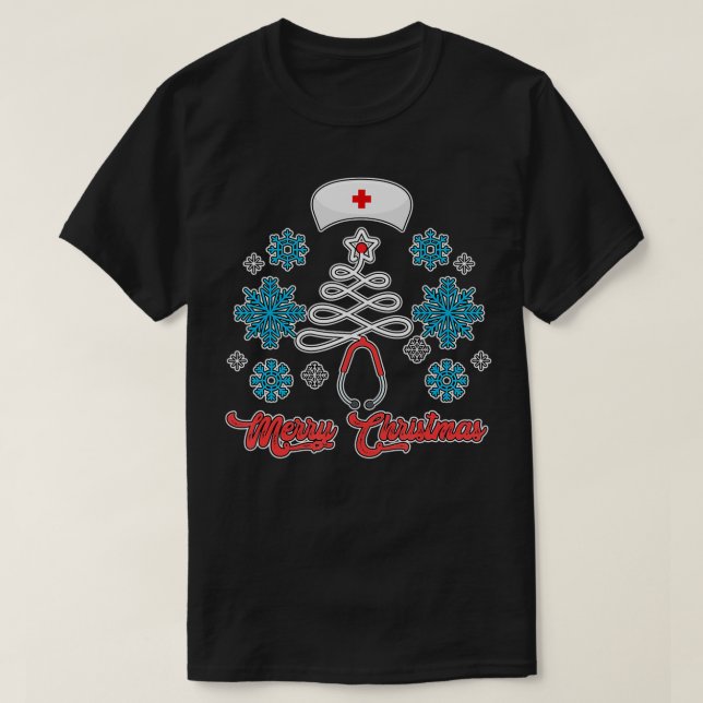 God jul Träd Stethoscope Nurse Funny Cute T Shirt (Design framsida)