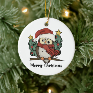 God jul Träd Uggla Santa Hat Retro Julgransprydnad Keramik