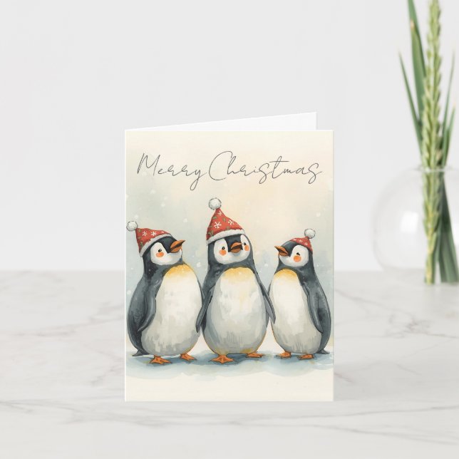 God Jul Tre Pingviner Julkort Helgkort (Framsida)
