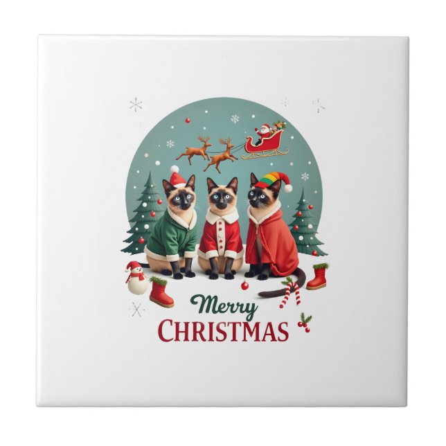 God Jul Tre Tomte Elf Ren Siamesiska Katter C Kakelplatta (Framsidan)