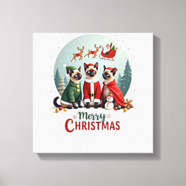 God Jul Tre Tomte Elf Ren Siamesiska Katter Canvastryck (Framsida)