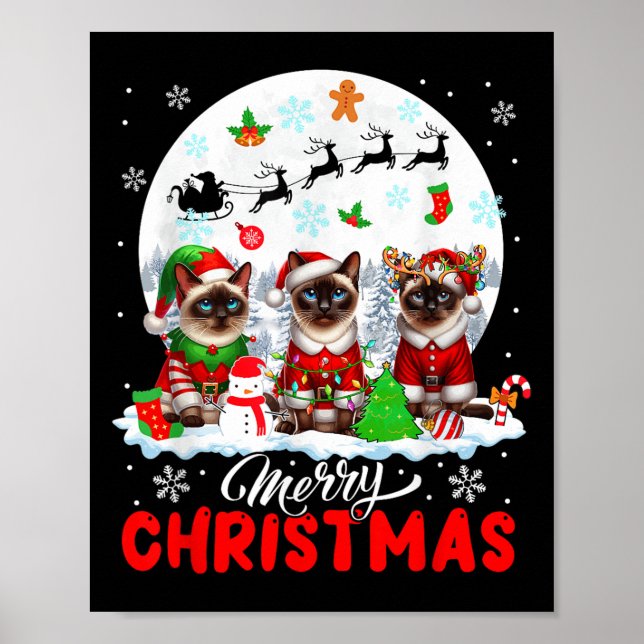 God Jul Tre Tomte Elf Ren Siamesiska Katter Poster (Framsidan)