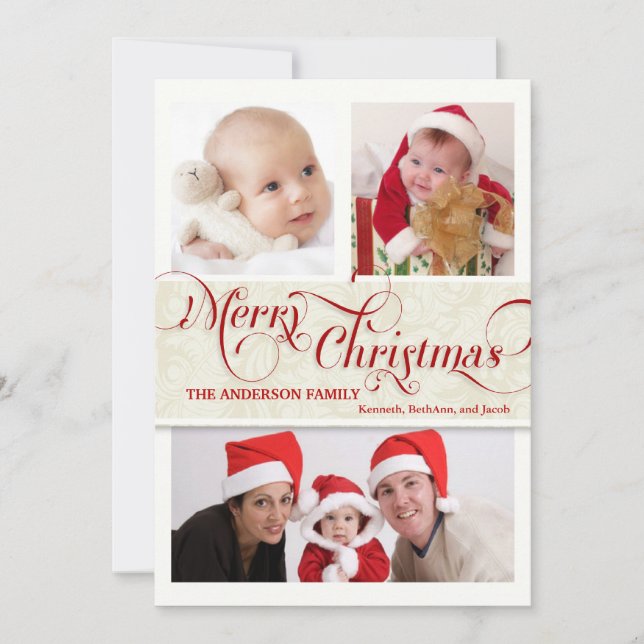 god jul Tri-Photo-plattkort - rött och vitt Julkort (Framsida)