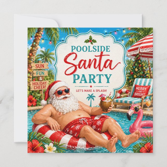 God Jul Tropisk Tomte Sommar Poolparty Julkort (Framsida)