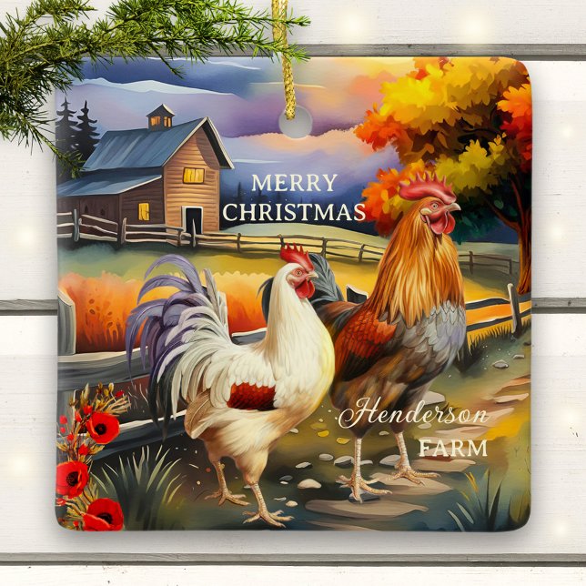 God jul Tupp-kycklingfarmen Julgransprydnad Keramik (Christmas ceramic ornament featuring a colorful painting of a rooster and chicken - farmhouse)