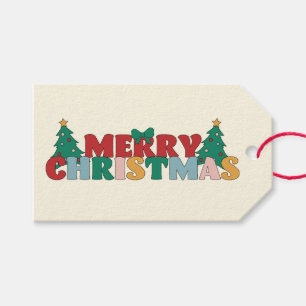 God jul Typografi dekorerad Gräs Träd Presentetikett