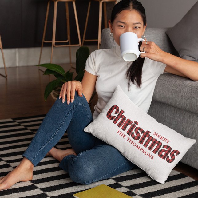 God jul Typography Personlig Play Lumbarkudde (Merry Christmas red and black buffalo check pattern typography throw pillow. )